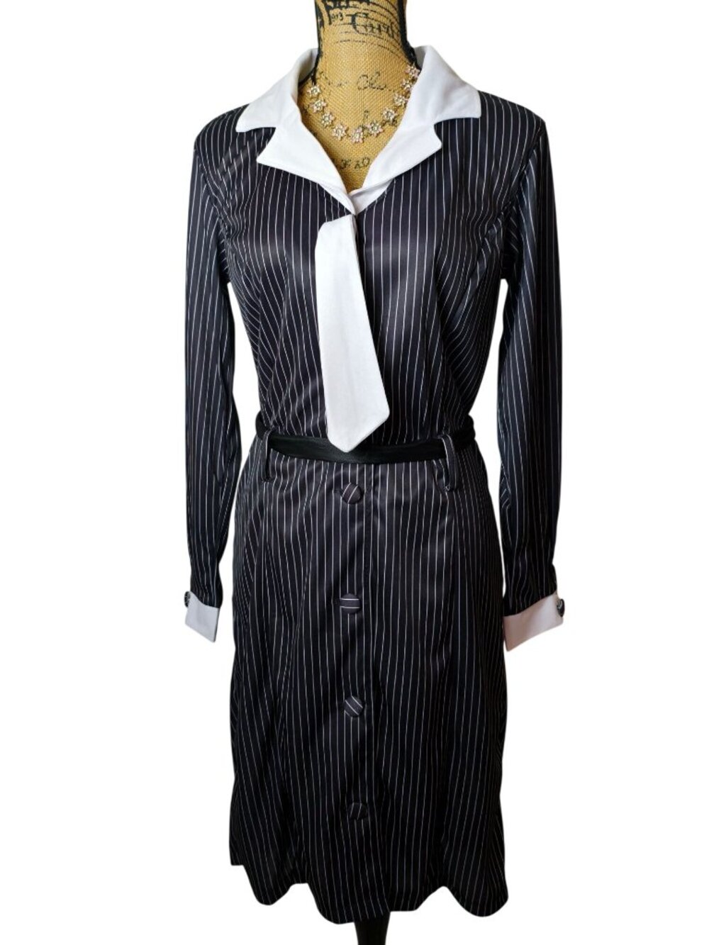 Wednesday Addams Womens L Costume Black White Pinstripe Shirt Dress Tie Neck